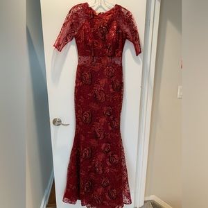Beautiful Burgundy prom dress! Sheer sides and short sleeves. Elegant fit!
